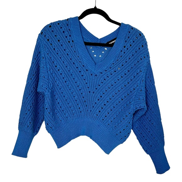 NWT EXPRESS Open Stitch Double V-Neck Dolman Sleeve Sweater, Blue color, XS size - Picture 4 of 13